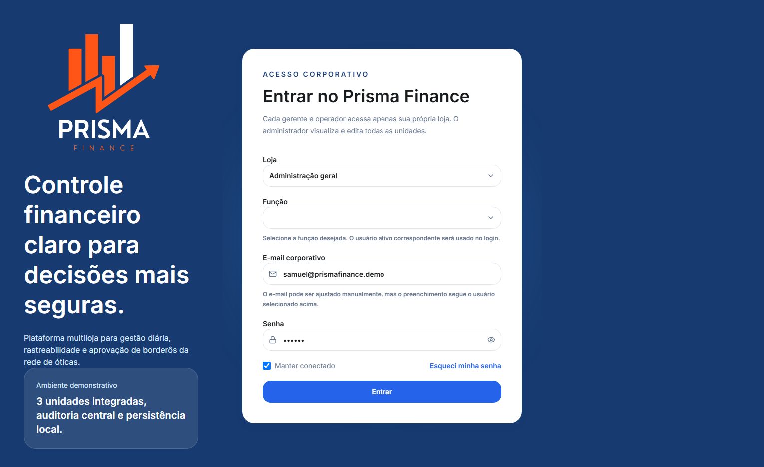 Tela de acesso da plataforma Prisma Finance