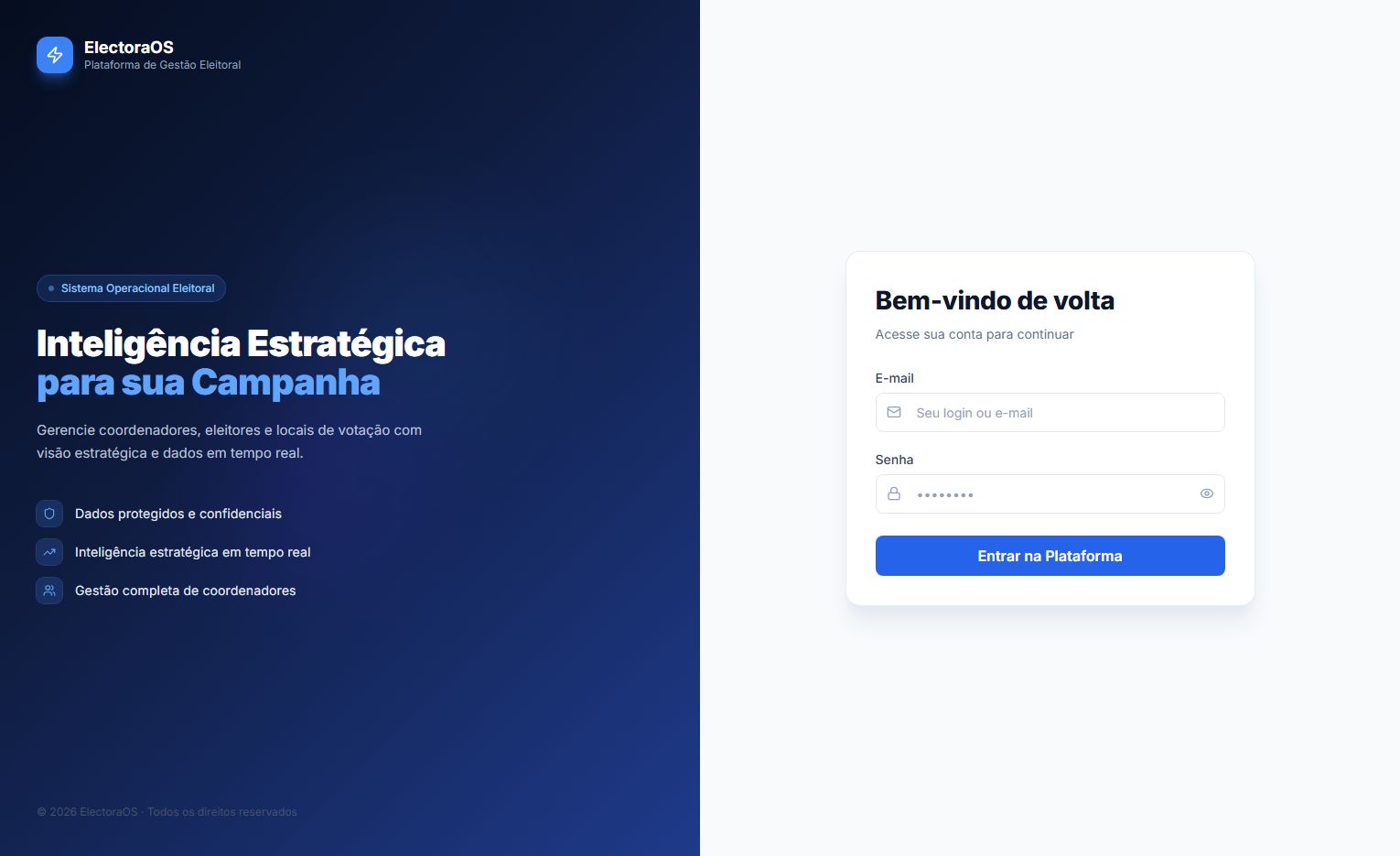 Tela de acesso da plataforma Electoral OS