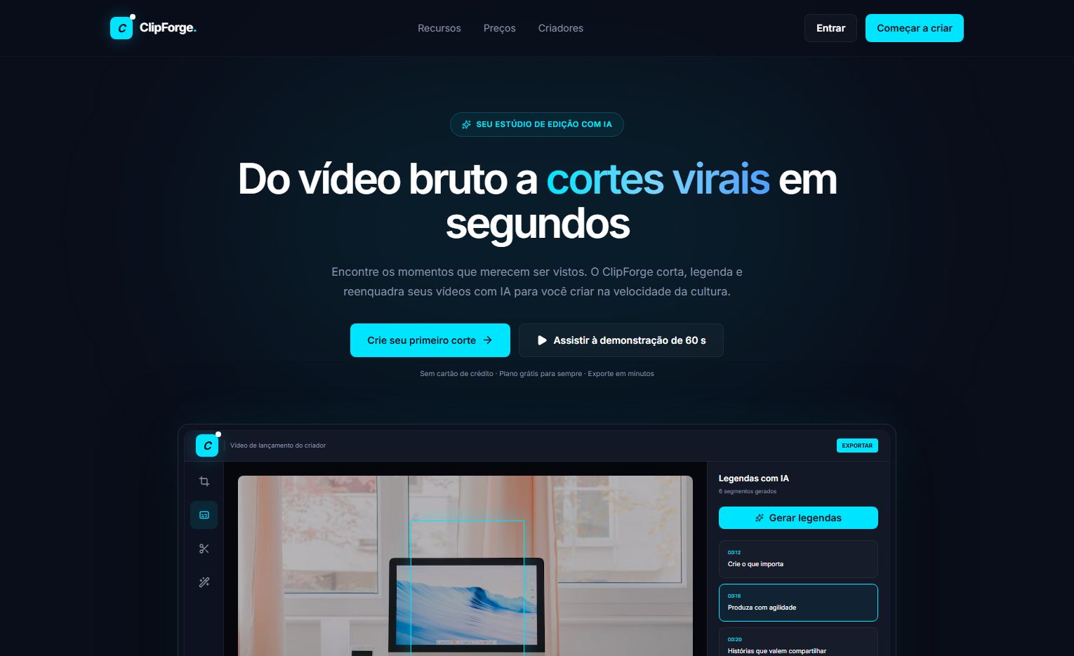 Página inicial do estúdio de edição ClipForge